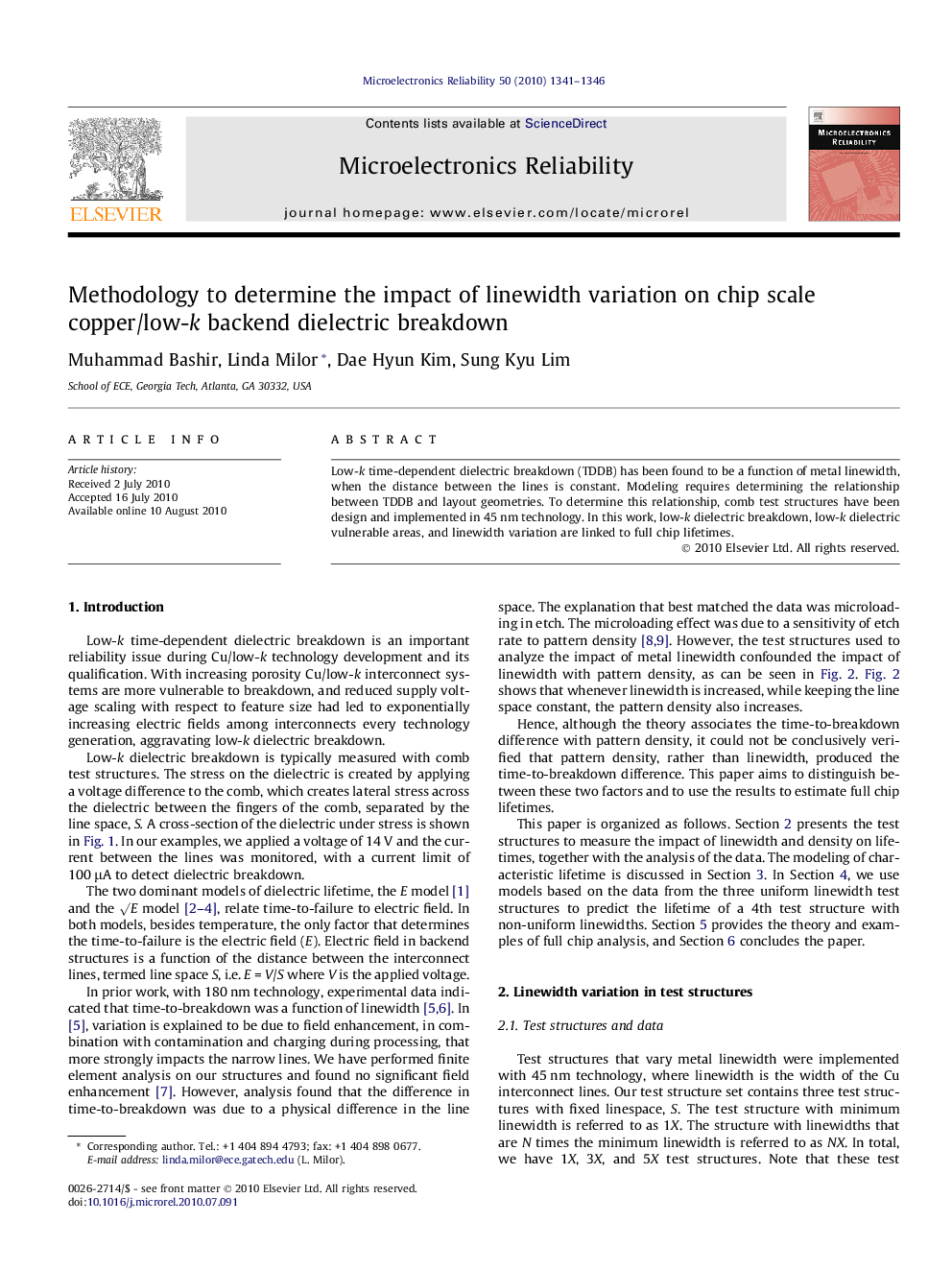 Methodology to determine the impact of linewidth variation on chip scale copper/low-k backend dielectric breakdown