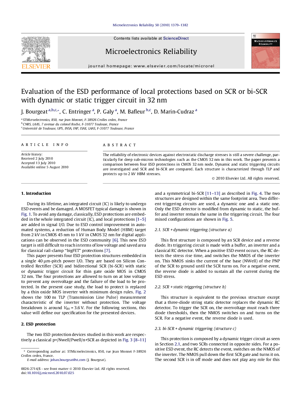 Evaluation of the ESD performance of local protections based on SCR or bi-SCR with dynamic or static trigger circuit in 32 nm
