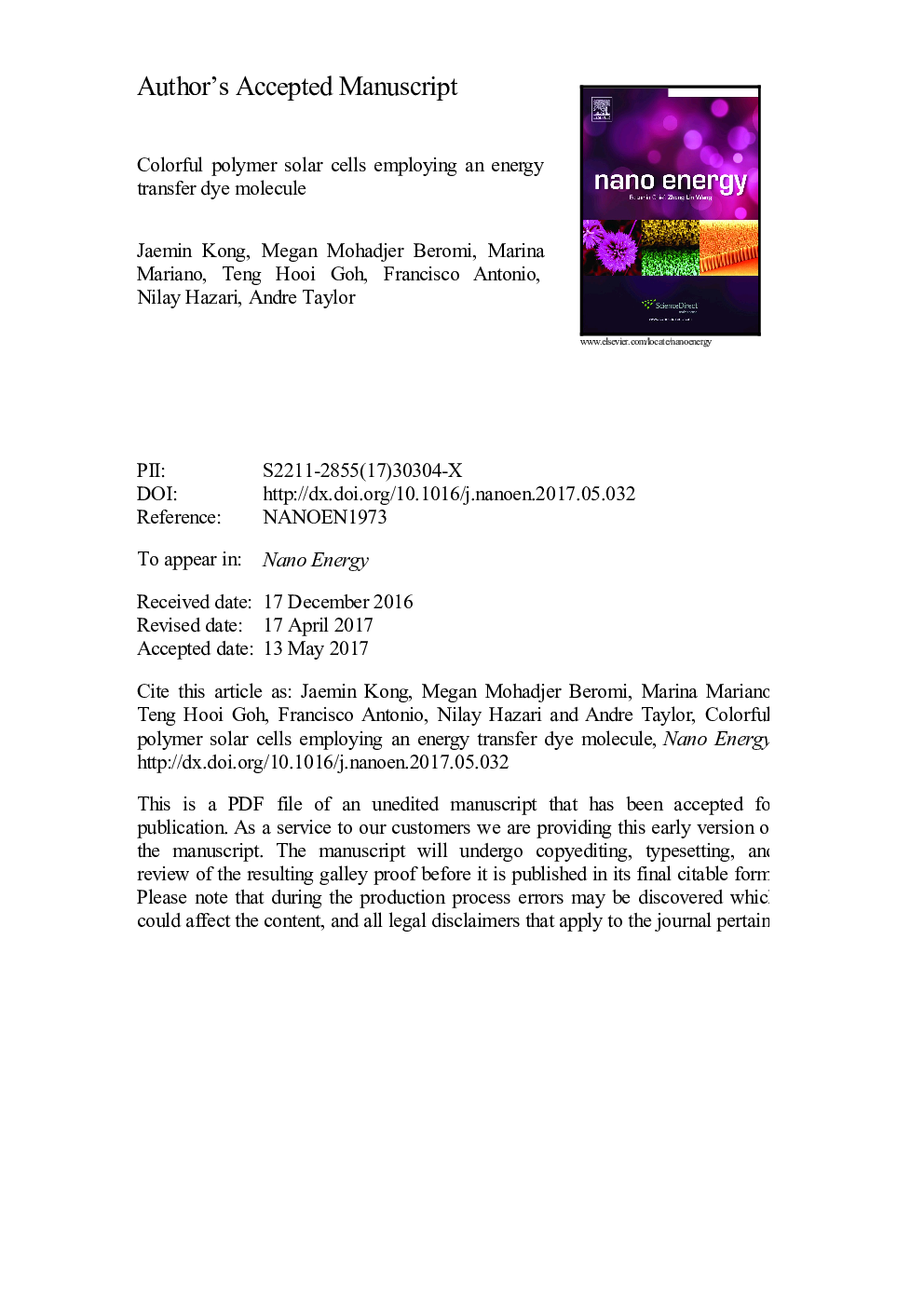 Colorful polymer solar cells employing an energy transfer dye molecule