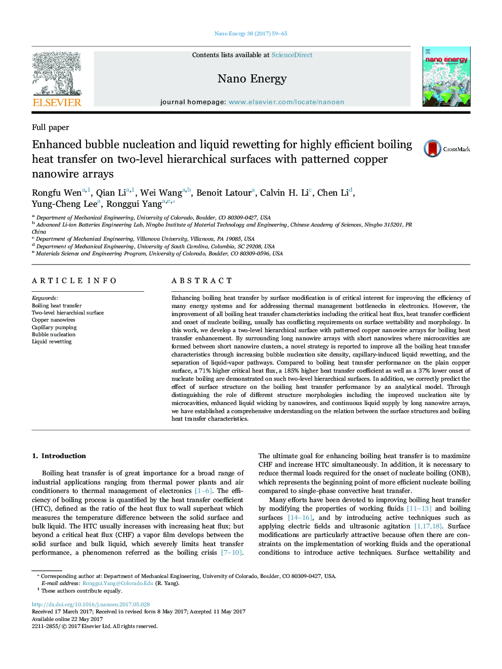 Enhanced bubble nucleation and liquid rewetting for highly efficient boiling heat transfer on two-level hierarchical surfaces with patterned copper nanowire arrays