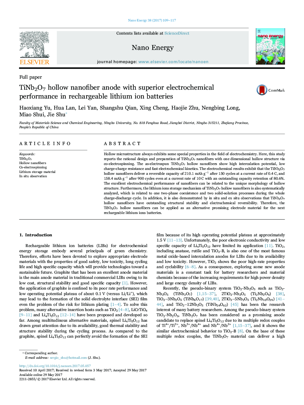 TiNb2O7 hollow nanofiber anode with superior electrochemical performance in rechargeable lithium ion batteries