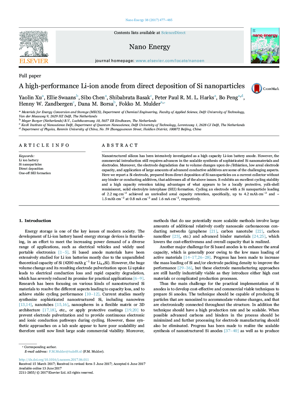 A high-performance Li-ion anode from direct deposition of Si nanoparticles