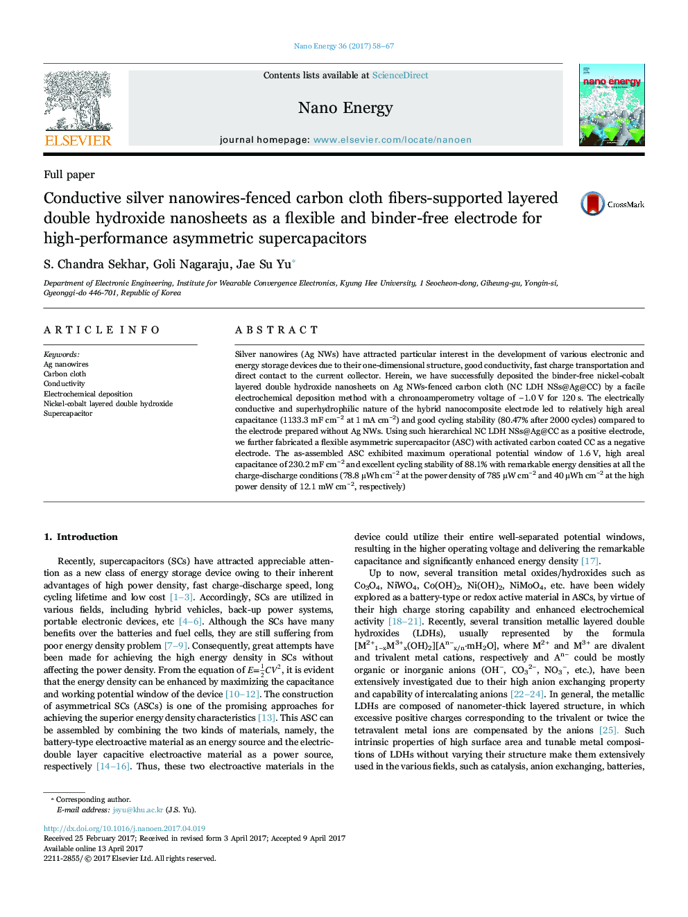 Conductive silver nanowires-fenced carbon cloth fibers-supported layered double hydroxide nanosheets as a flexible and binder-free electrode for high-performance asymmetric supercapacitors