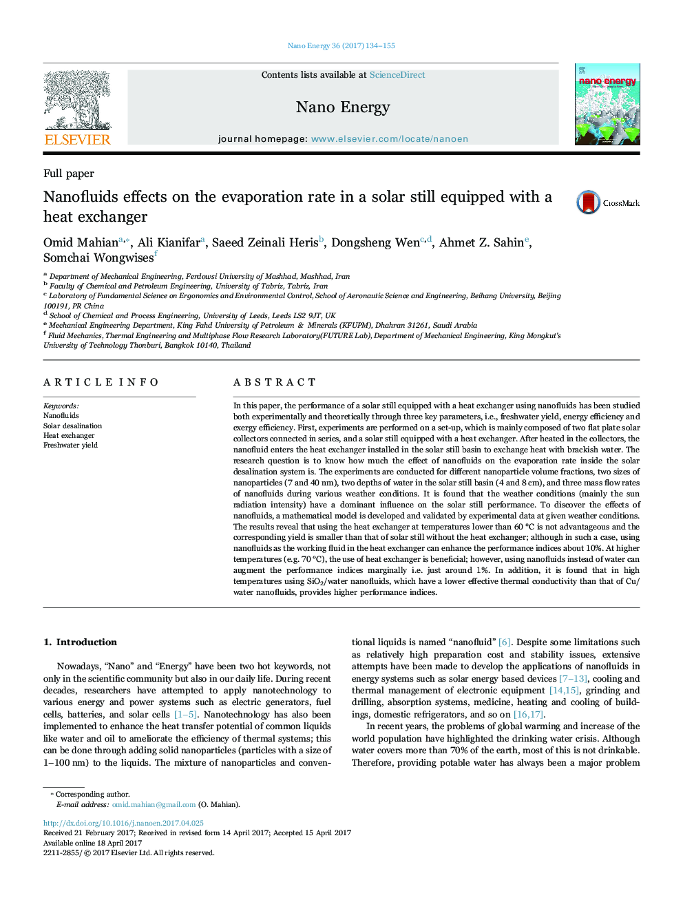 Nanofluids effects on the evaporation rate in a solar still equipped with a heat exchanger