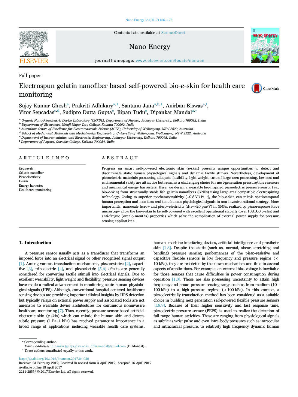 Electrospun gelatin nanofiber based self-powered bio-e-skin for health care monitoring