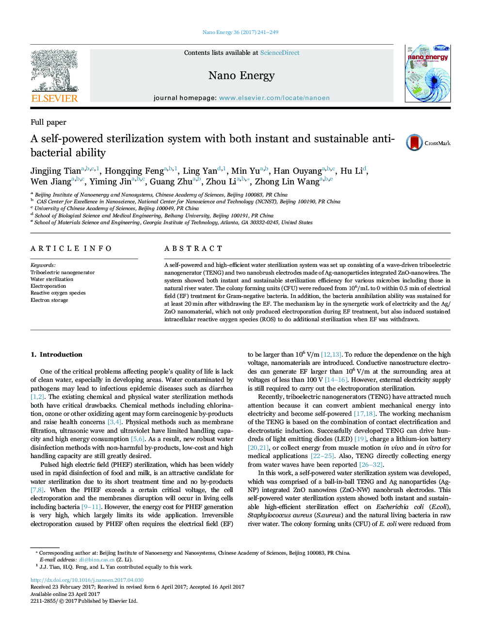 A self-powered sterilization system with both instant and sustainable anti-bacterial ability