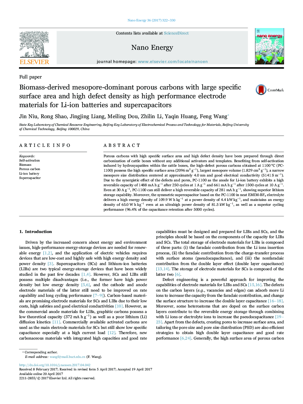 Full paperBiomass-derived mesopore-dominant porous carbons with large specific surface area and high defect density as high performance electrode materials for Li-ion batteries and supercapacitors