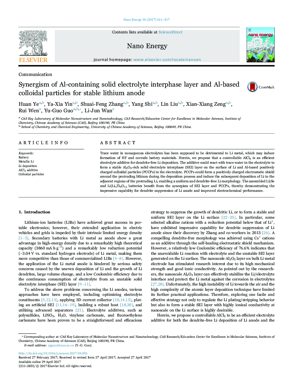 Synergism of Al-containing solid electrolyte interphase layer and Al-based colloidal particles for stable lithium anode