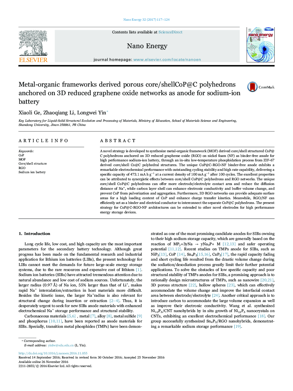 عکس صفحه اول مقاله: Metal-organic frameworks derived porous core/shellCoP@C polyhedrons anchored on 3D reduced graphene oxide networks as anode for sodium-ion battery Metal-organic frameworks derived porous core/shellCoP@C polyhedrons anchored on 3D reduced graphene oxide networks as anode for sodium-ion battery