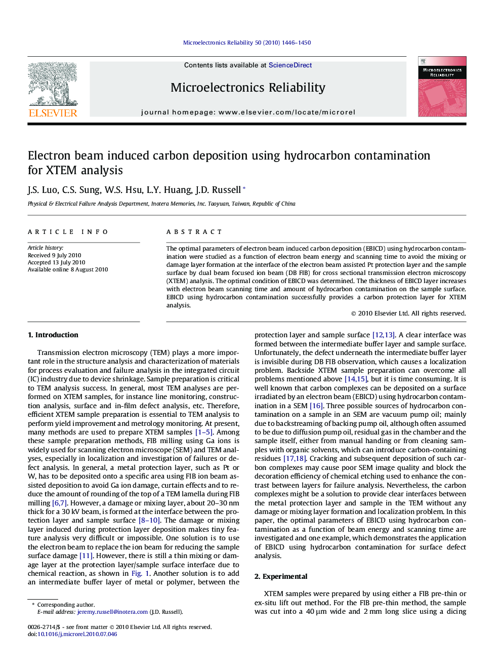 Electron beam induced carbon deposition using hydrocarbon contamination for XTEM analysis