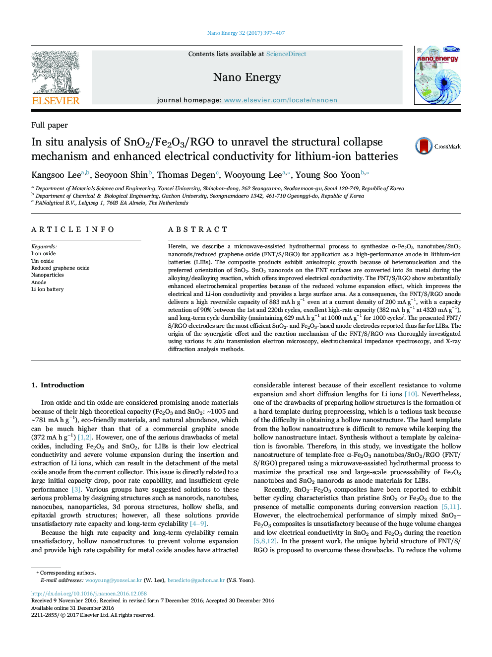 In situ analysis of SnO2/Fe2O3/RGO to unravel the structural collapse mechanism and enhanced electrical conductivity for lithium-ion batteries