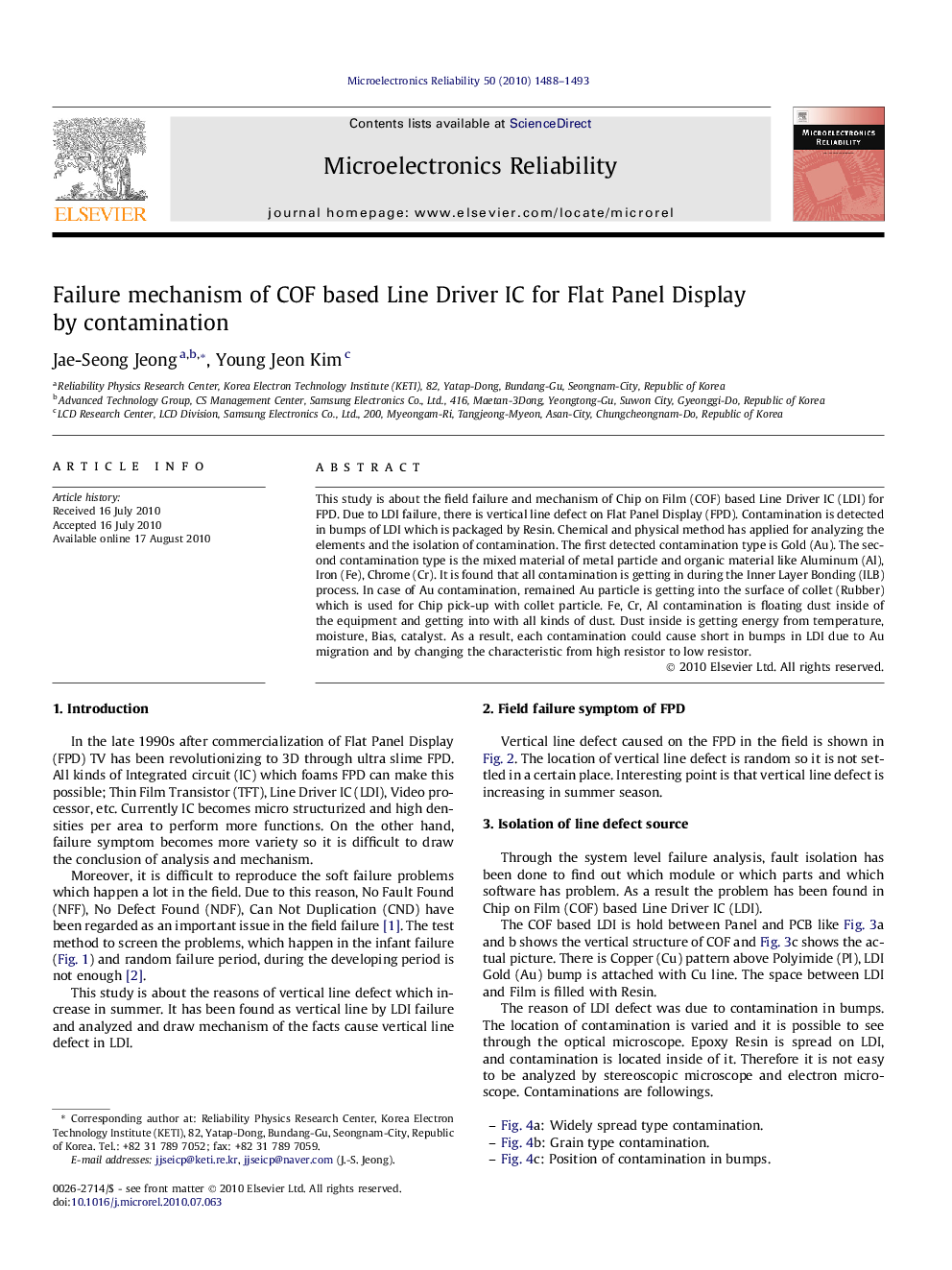 Failure mechanism of COF based Line Driver IC for Flat Panel Display by contamination