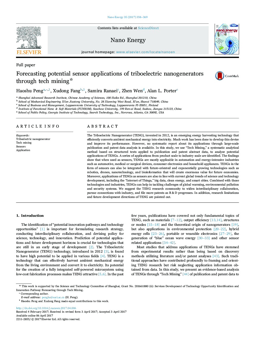 Full paperForecasting potential sensor applications of triboelectric nanogenerators through tech mining