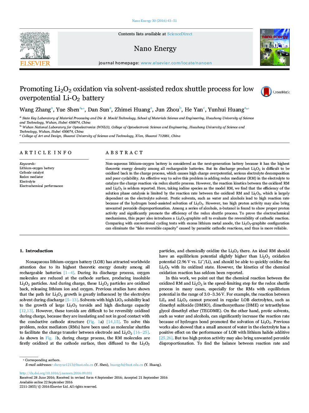 Promoting Li2O2 oxidation via solvent-assisted redox shuttle process for low overpotential Li-O2 battery