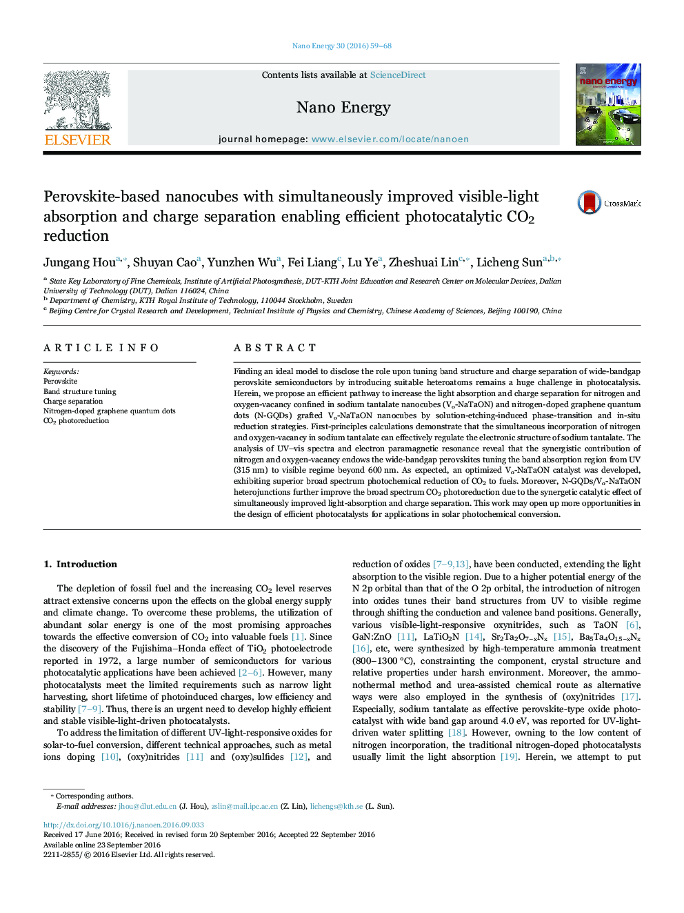 Perovskite-based nanocubes with simultaneously improved visible-light absorption and charge separation enabling efficient photocatalytic CO2 reduction