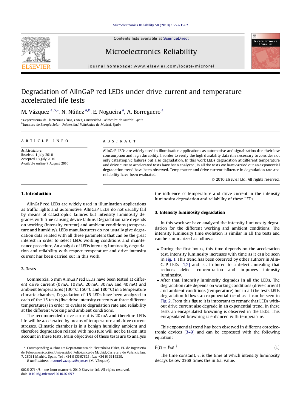 Degradation of AlInGaP red LEDs under drive current and temperature accelerated life tests