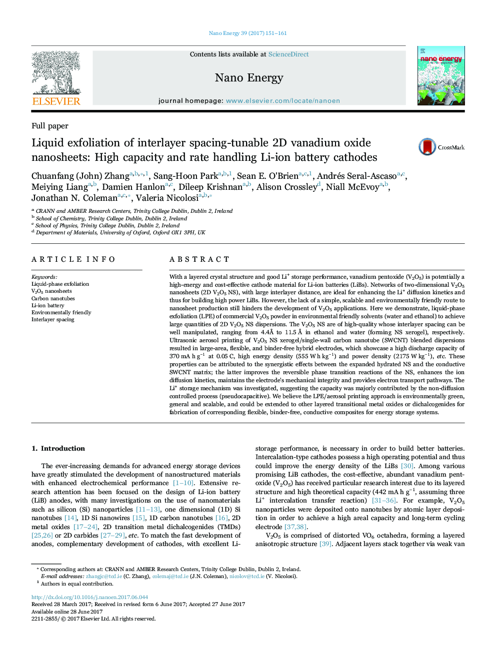 Full paperLiquid exfoliation of interlayer spacing-tunable 2D vanadium oxide nanosheets: High capacity and rate handling Li-ion battery cathodes