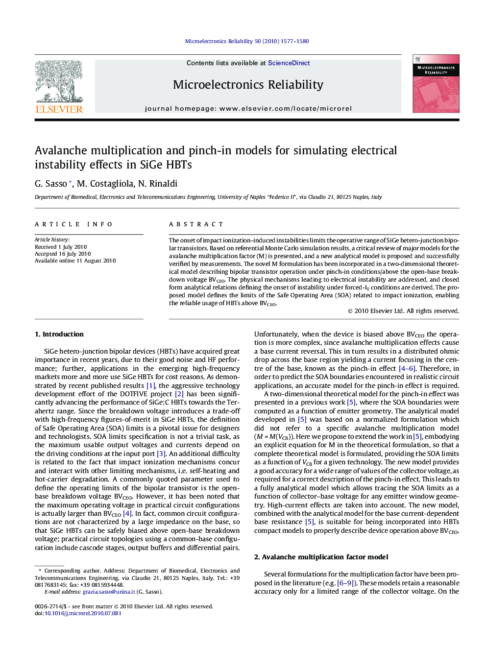 Avalanche multiplication and pinch-in models for simulating electrical instability effects in SiGe HBTs