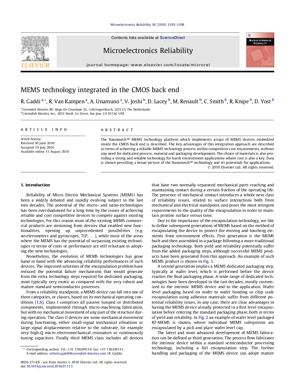 MEMS technology integrated in the CMOS back end