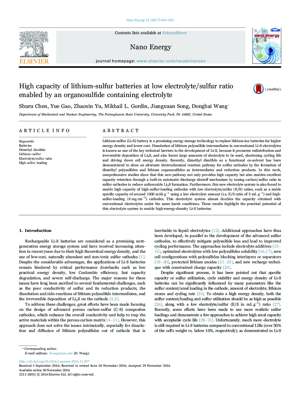 High capacity of lithium-sulfur batteries at low electrolyte/sulfur ratio enabled by an organosulfide containing electrolyte