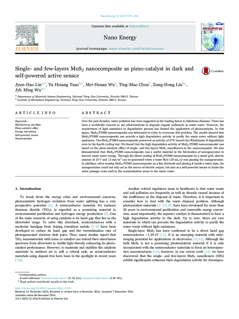 Single- and few-layers MoS2 nanocomposite as piezo-catalyst in dark and self-powered active sensor