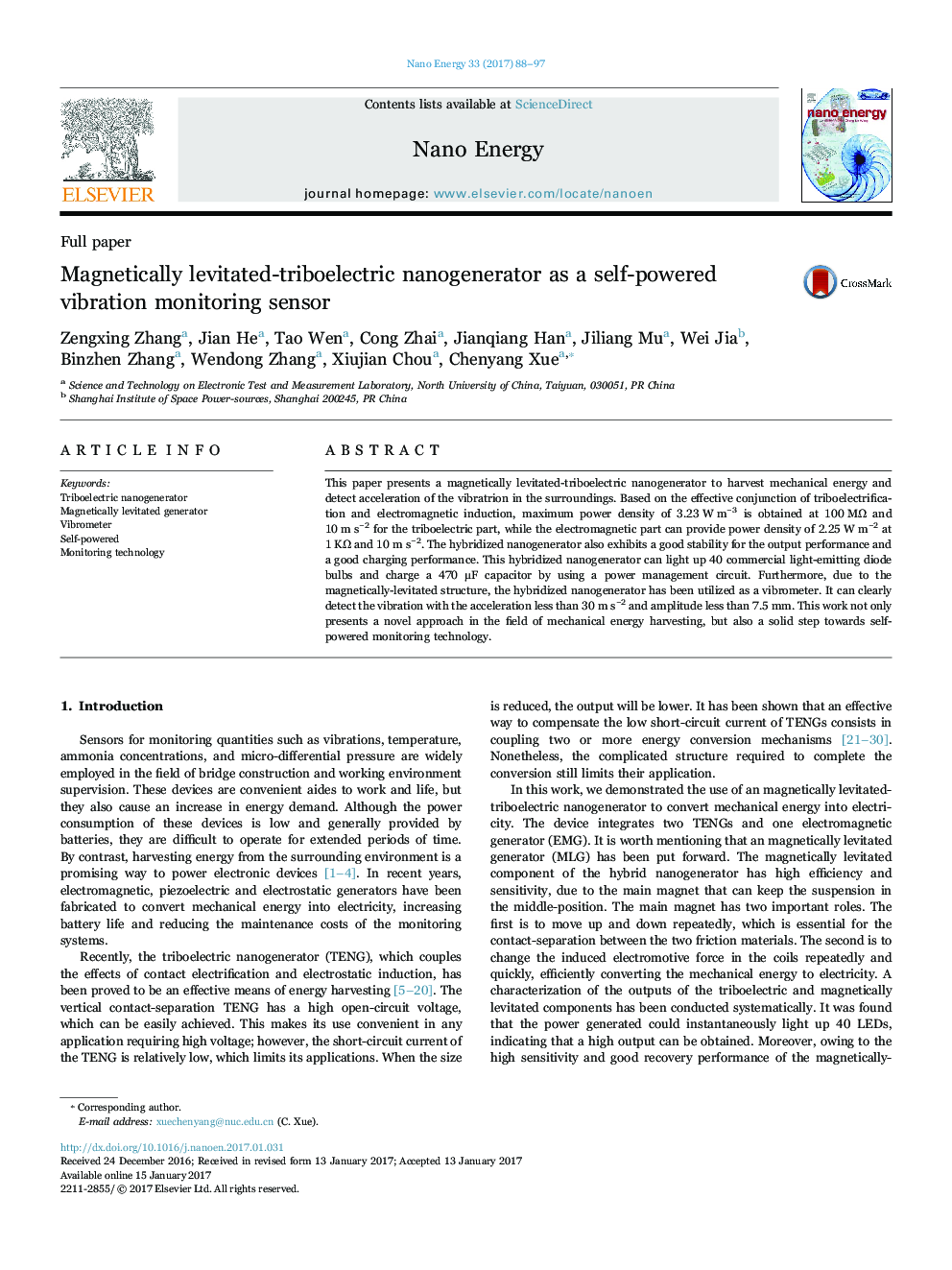 Magnetically levitated-triboelectric nanogenerator as a self-powered vibration monitoring sensor