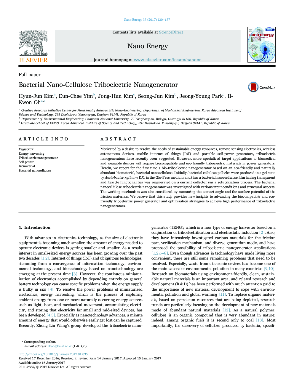 Bacterial NanoâCellulose Triboelectric Nanogenerator