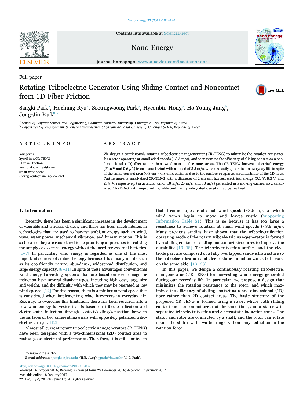 Rotating Triboelectric Generator Using Sliding Contact and Noncontact from 1D Fiber Friction