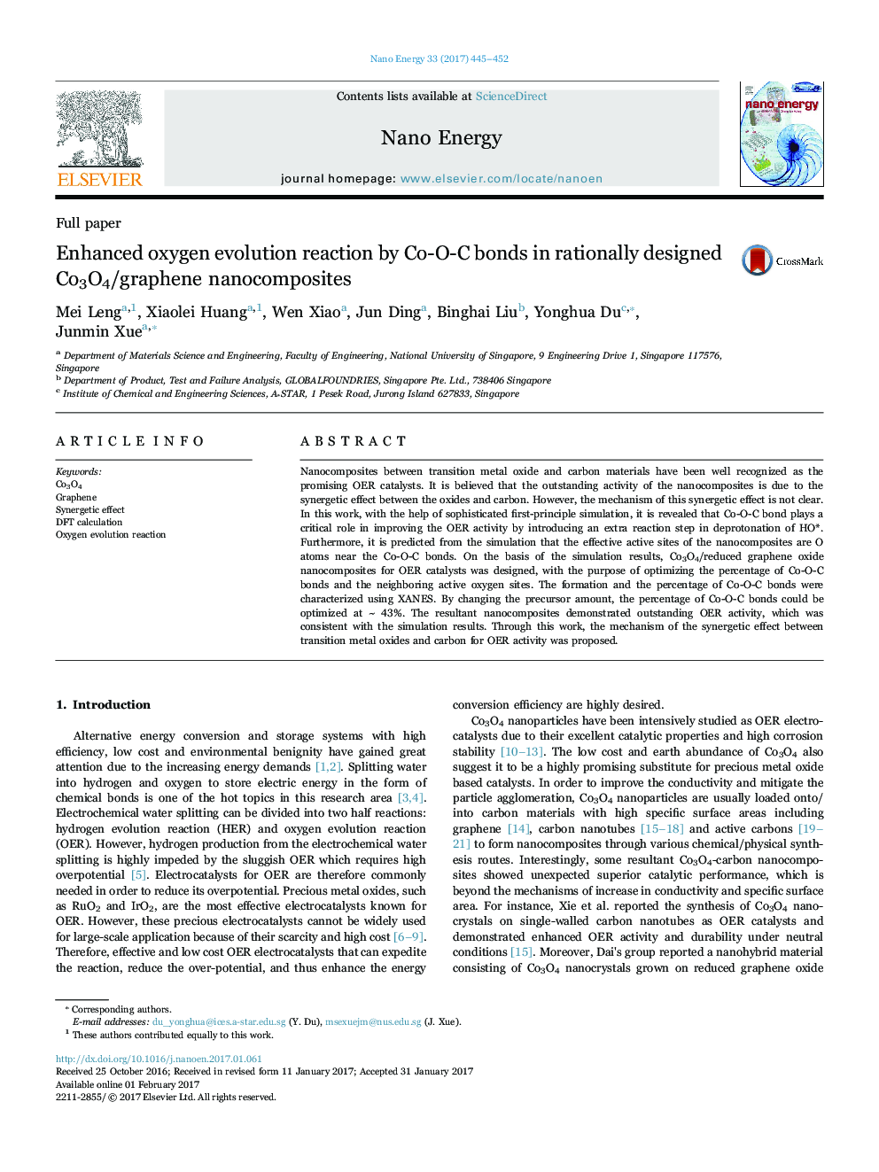 Enhanced oxygen evolution reaction by Co-O-C bonds in rationally designed Co3O4/graphene nanocomposites