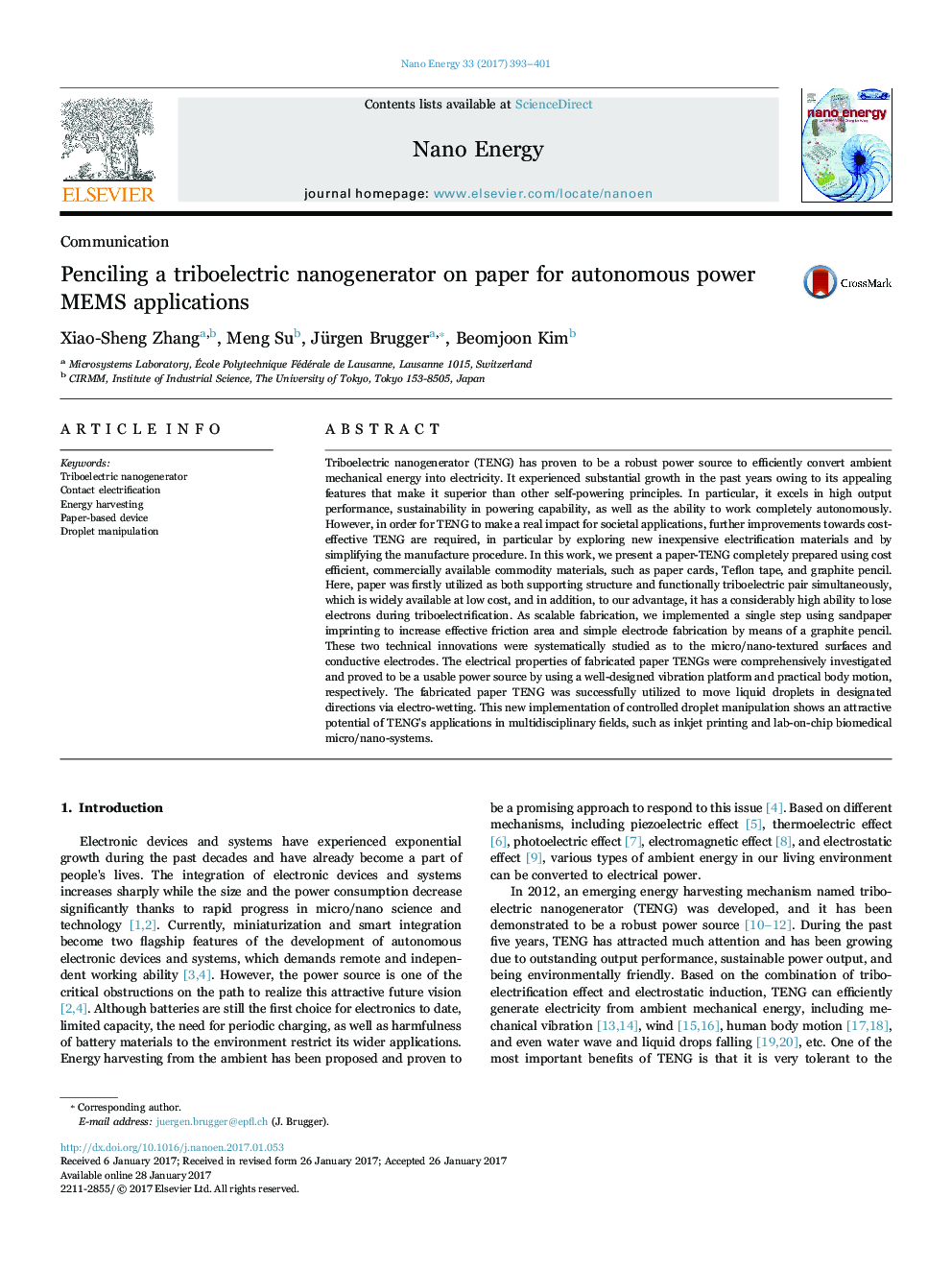 Penciling a triboelectric nanogenerator on paper for autonomous power MEMS applications