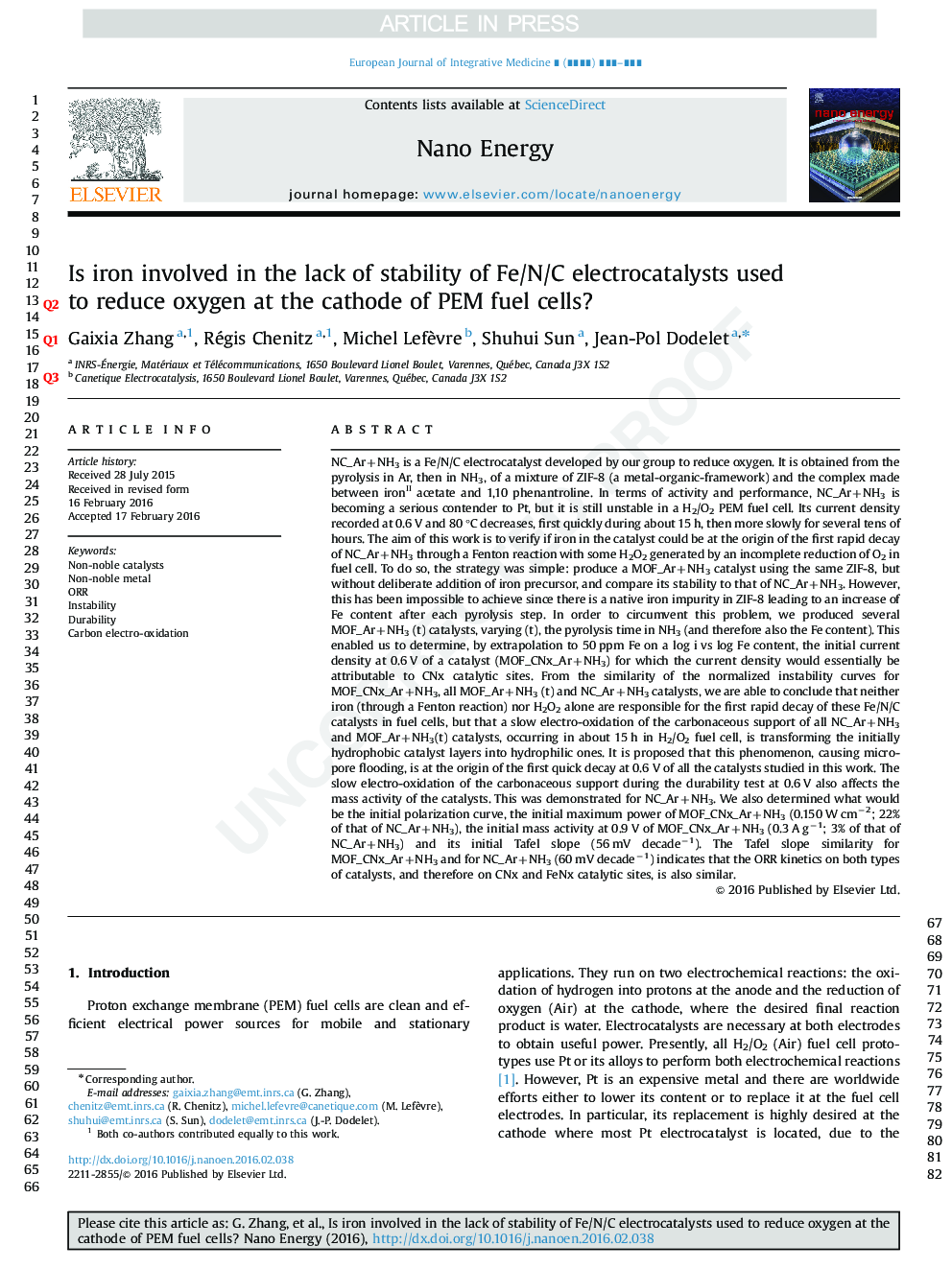 Is iron involved in the lack of stability of Fe/N/C electrocatalysts used to reduce oxygen at the cathode of PEM fuel cells?