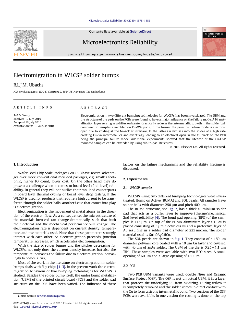 Electromigration in WLCSP solder bumps