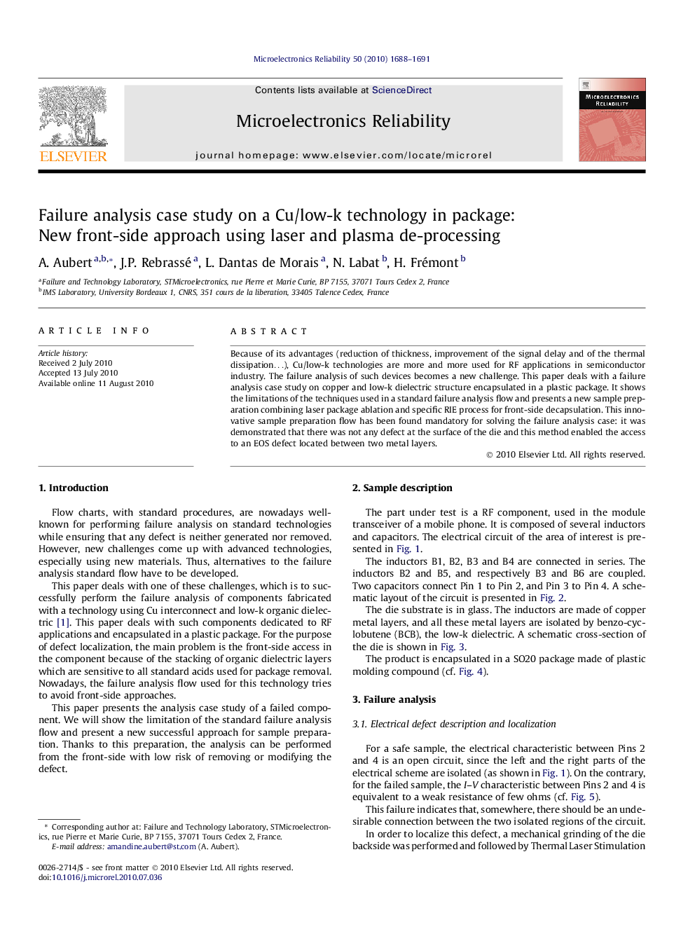 Failure analysis case study on a Cu/low-k technology in package: New front-side approach using laser and plasma de-processing
