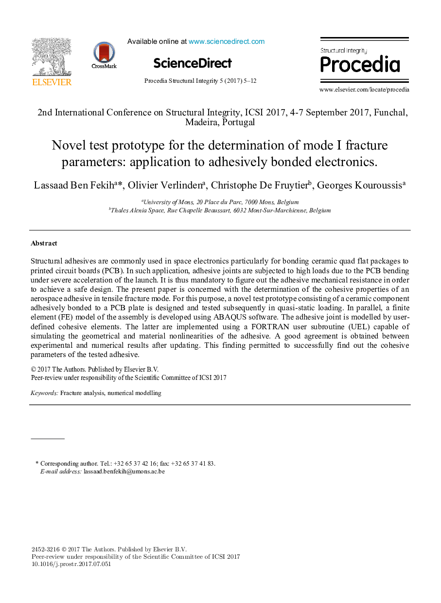 Novel test prototype for the determination of mode I fracture parameters: application to adhesively bonded electronics