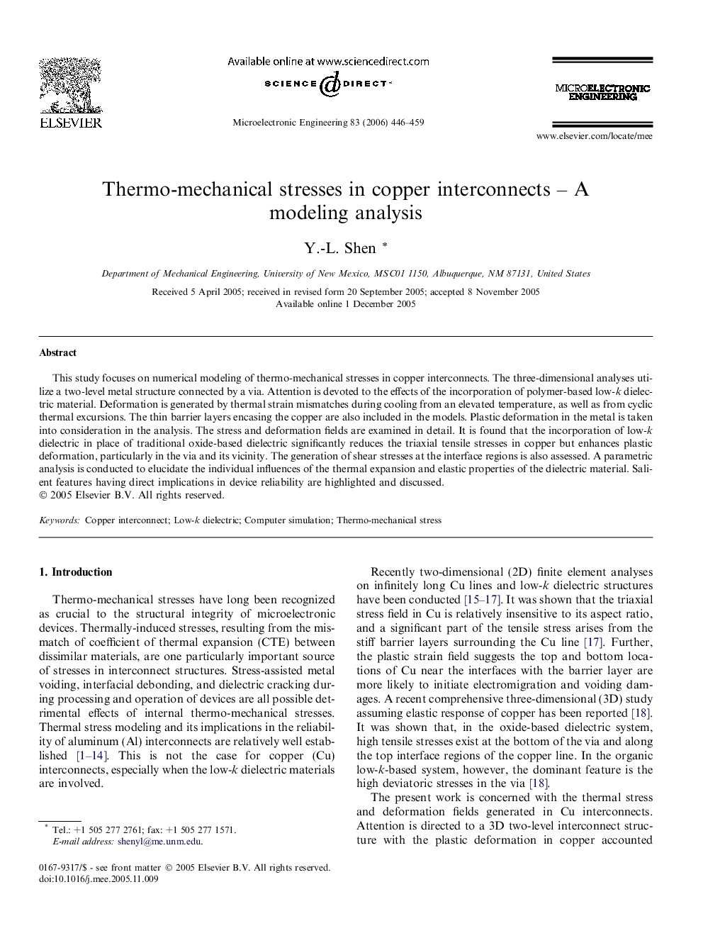 Thermo-mechanical stresses in copper interconnects – A modeling analysis