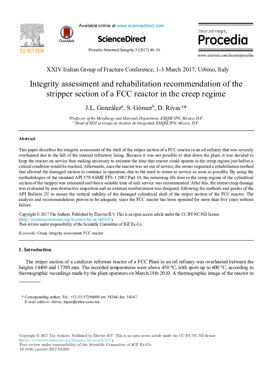 عکس صفحه اول مقاله: Integrity assessment and rehabilitation recommendation of the stripper section of a FCC reactor in the creep regime Integrity assessment and rehabilitation recommendation of the stripper section of a FCC reactor in the creep regime