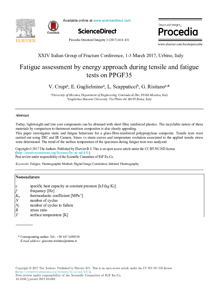 Fatigue assessment by energy approach during tensile and fatigue tests on PPGF35