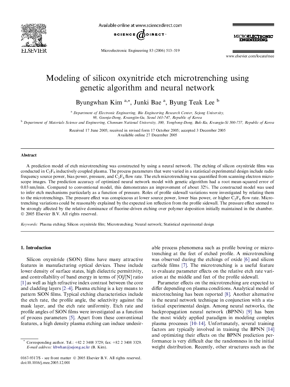 Modeling of silicon oxynitride etch microtrenching using genetic algorithm and neural network