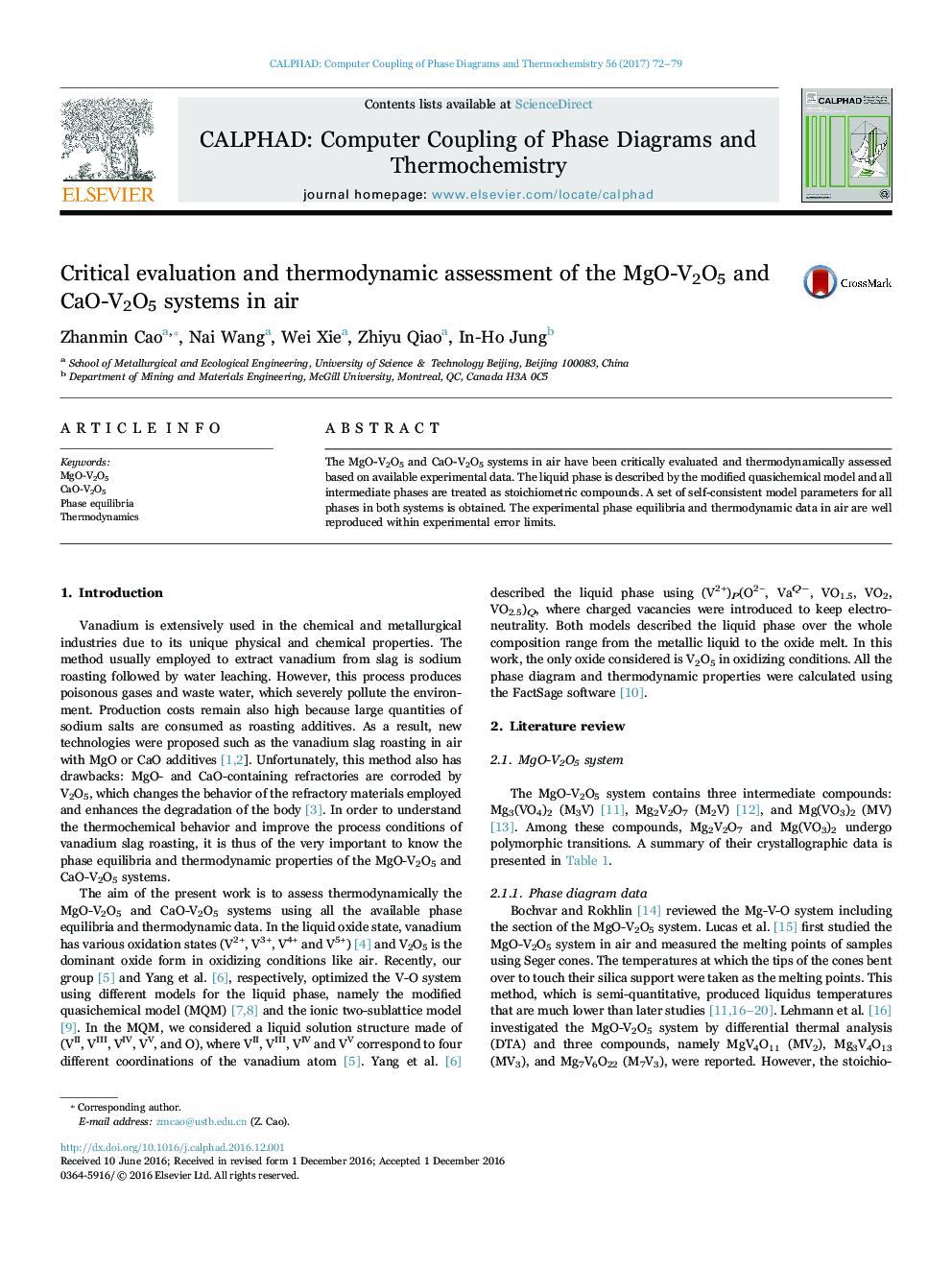 Critical evaluation and thermodynamic assessment of the MgO-V2O5 and CaO-V2O5 systems in air