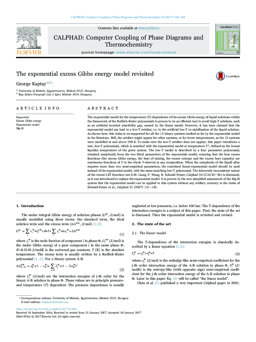 The exponential excess Gibbs energy model revisited