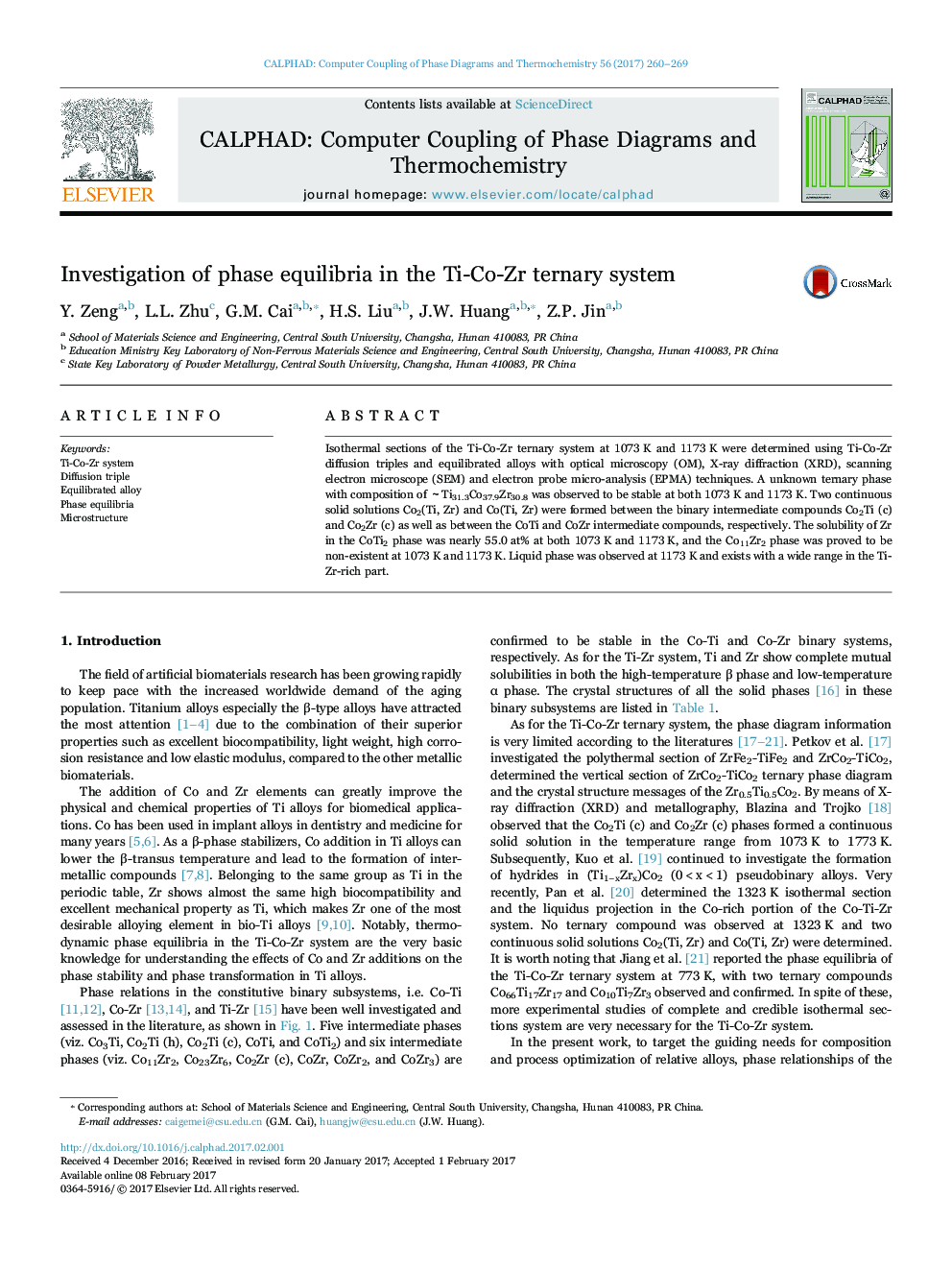 Investigation of phase equilibria in the Ti-Co-Zr ternary system