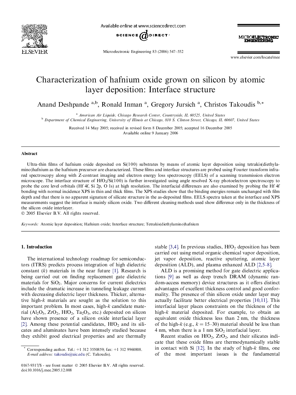 Characterization of hafnium oxide grown on silicon by atomic layer deposition: Interface structure