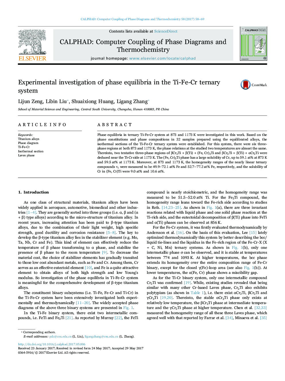 Experimental investigation of phase equilibria in the Ti-Fe-Cr ternary system