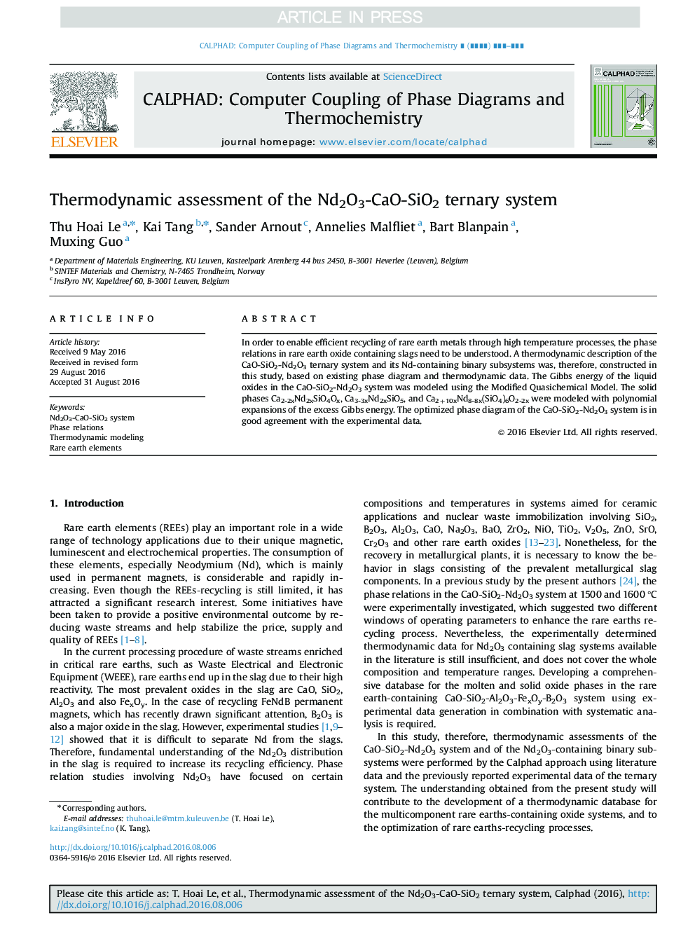 Thermodynamic assessment of the Nd2O3-CaO-SiO2 ternary system