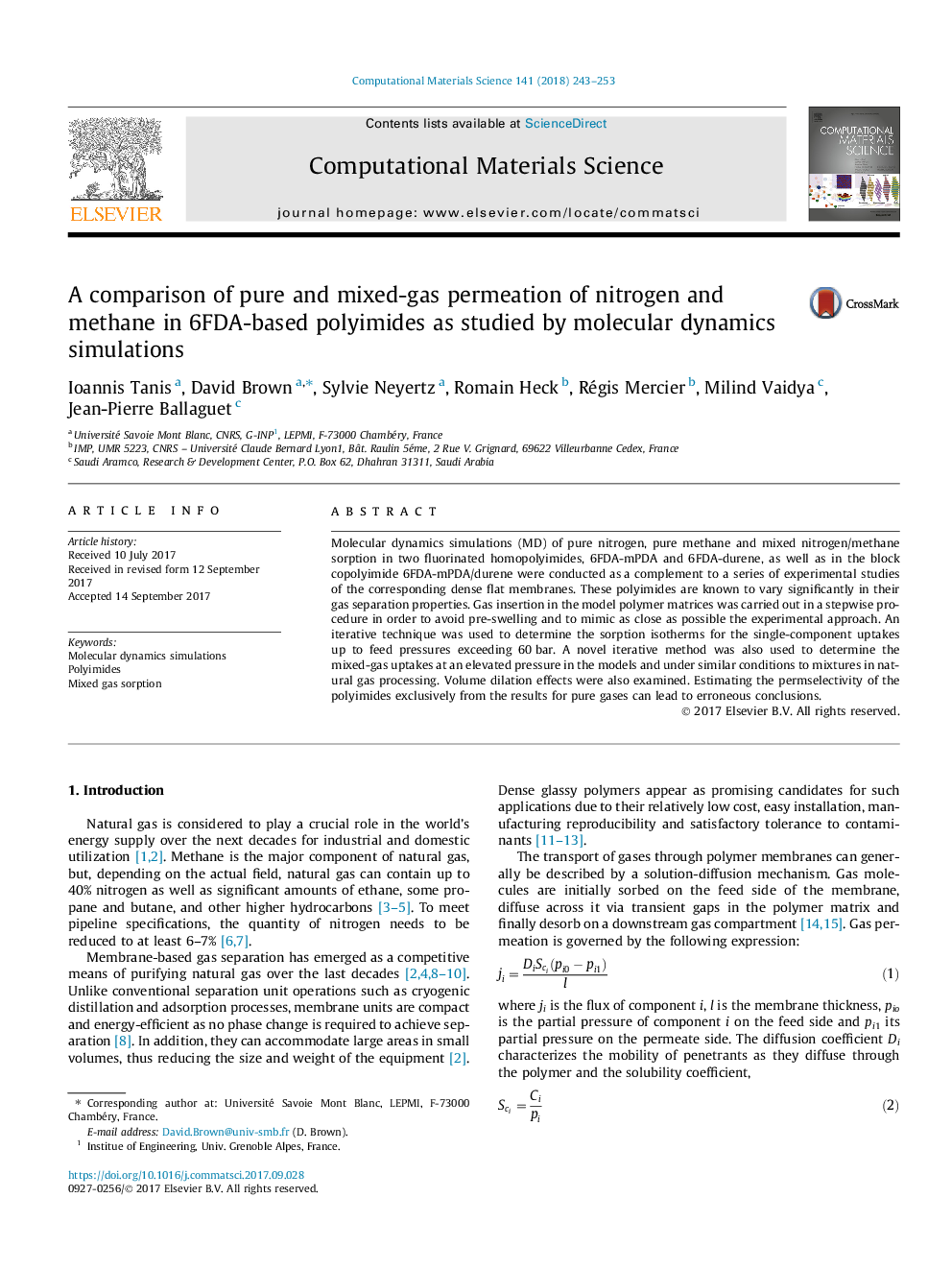 A comparison of pure and mixed-gas permeation of nitrogen and methane in 6FDA-based polyimides as studied by molecular dynamics simulations