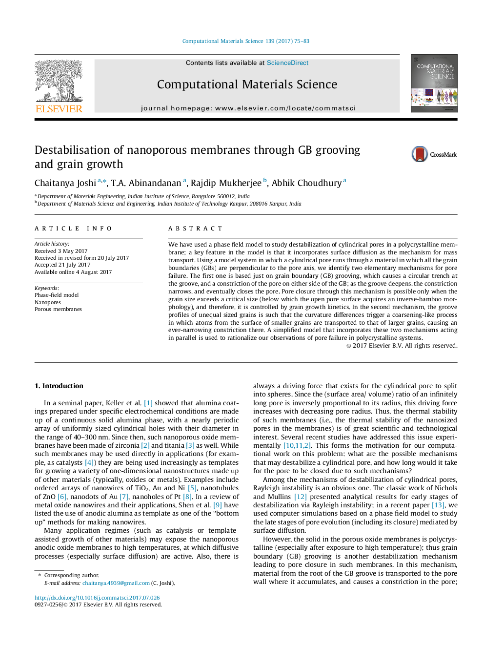 Destabilisation of nanoporous membranes through GB grooving and grain growth