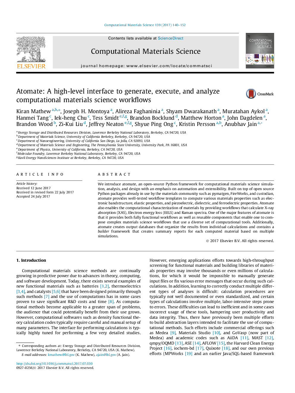 Atomate: A high-level interface to generate, execute, and analyze computational materials science workflows