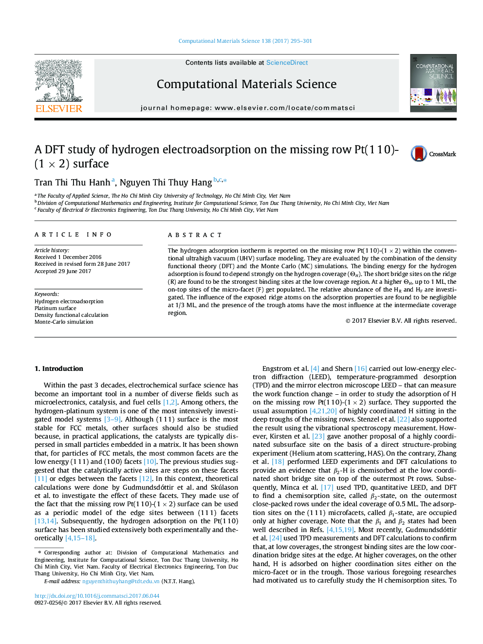 A DFT study of hydrogen electroadsorption on the missing row Pt(1Â 1Â 0)-(1Â ÃÂ 2) surface