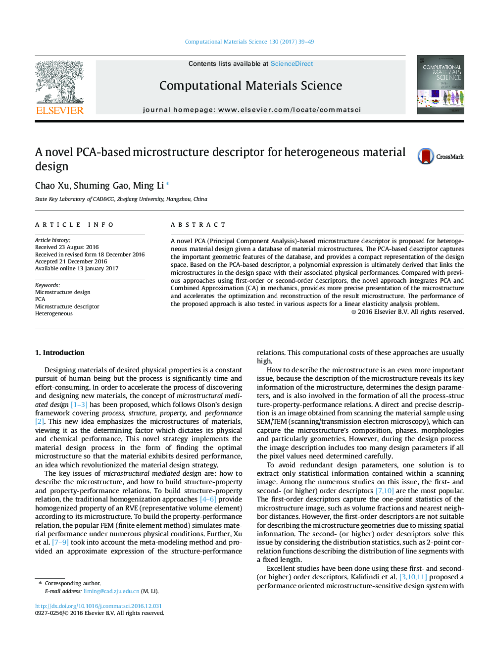 A novel PCA-based microstructure descriptor for heterogeneous material design