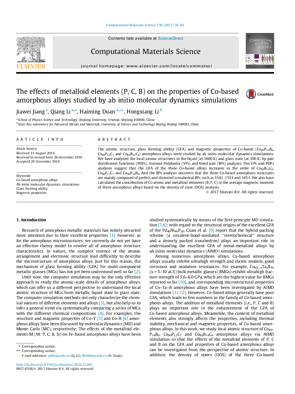 The effects of metalloid elements (P, C, B) on the properties of Co-based amorphous alloys studied by ab initio molecular dynamics simulations